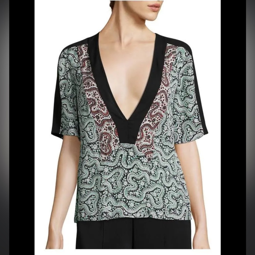 A.L.C Lilias Short-Sleeve Abstract Silk Top Green